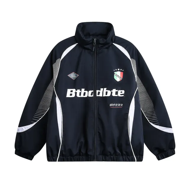 Splicing Gradient Letter Cotton Padded Loose Stand Collar Jacket Blue - Shop at LoveMi