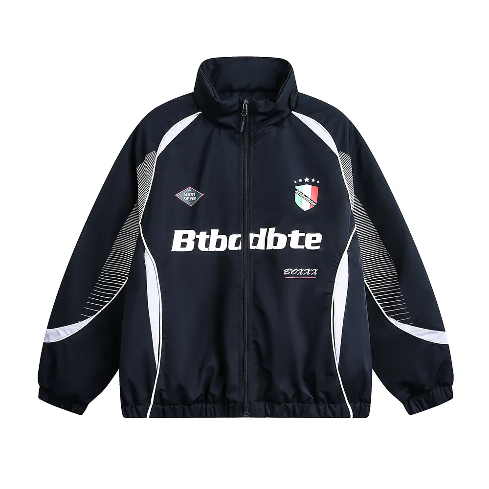 Splicing Gradient Letter Cotton Padded Loose Stand Collar Jacket - Blue