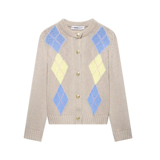 Diamond Pattern Contrast Color Round Neck Long Sleeve Knitted Coat - Shop at LoveMi