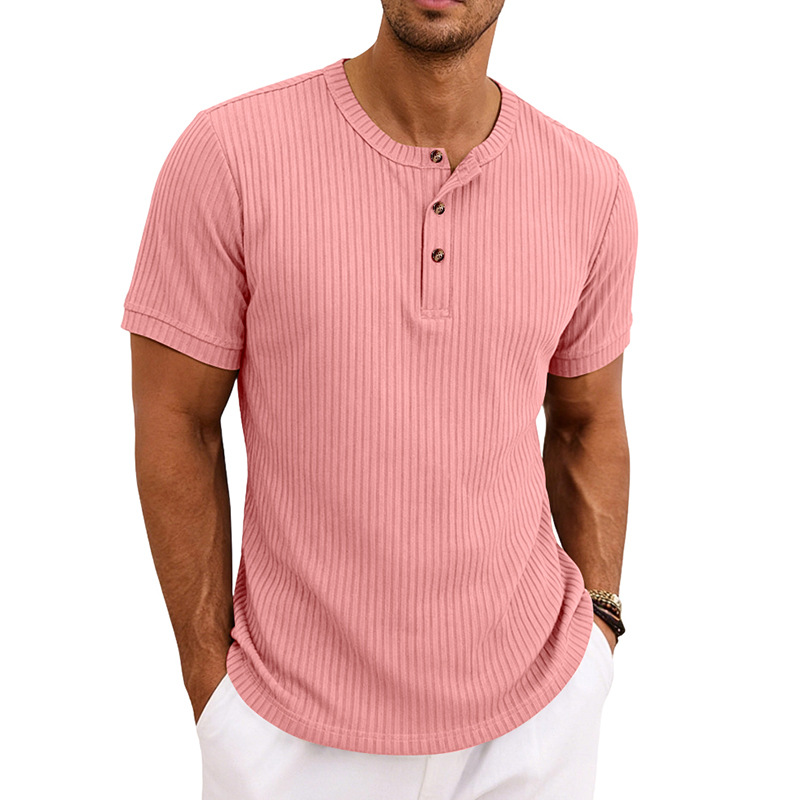 Summer New Men's Henley-Neck Ribbed T-Shirt
