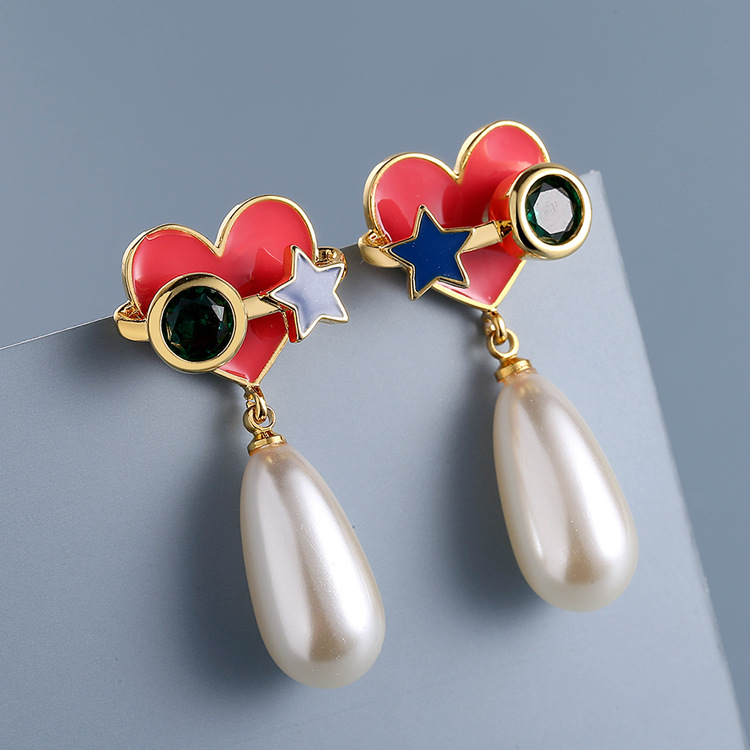 Love Pattern Enamel Pearl Earrings