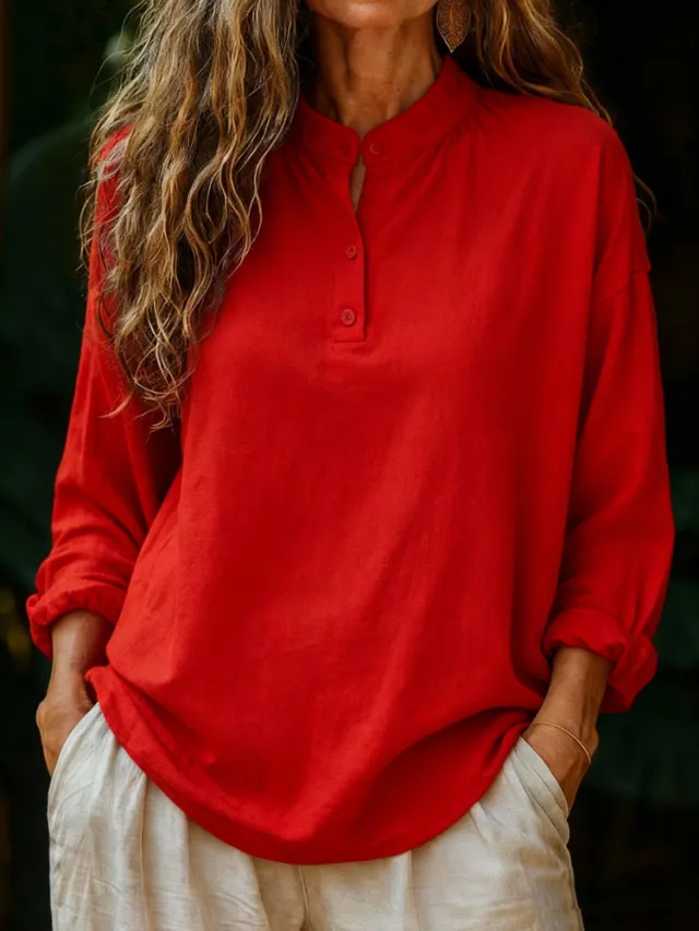 Casual Loose fitting Fashionable Long sleeve Crew neck Pullover Shirt Red - Shop at LoveMi