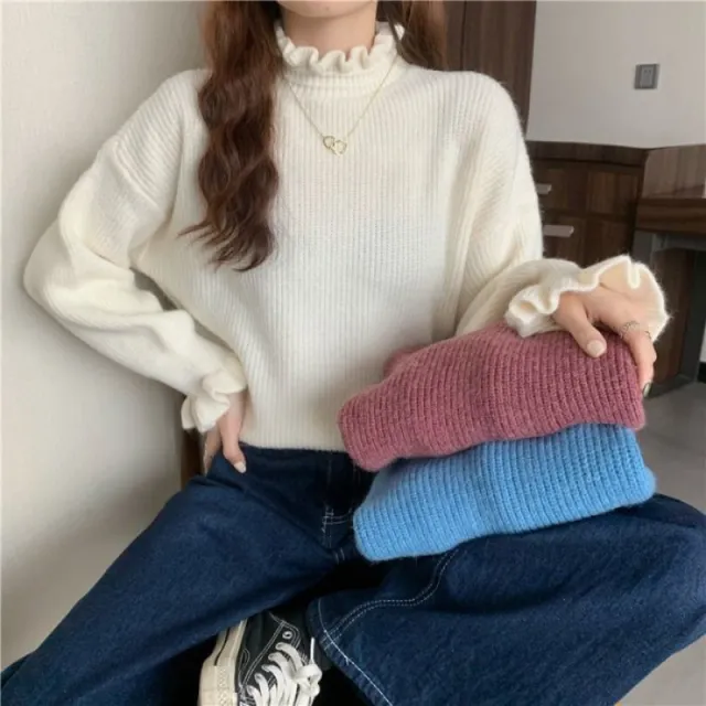 Red Wooden Ear Half Turtleneck High grade Sweater Sweater Apricot - Shop at LoveMi