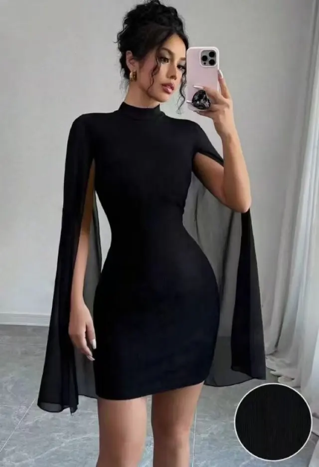 Women's Round Neck Sunken Stripe Pearl Chiffon Sheath Dress Black - Shop at LoveMi