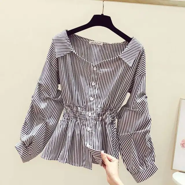 Western Style Puff Sleeve White Shirt Women's Top Black And White Stripes - Shop at LoveMi