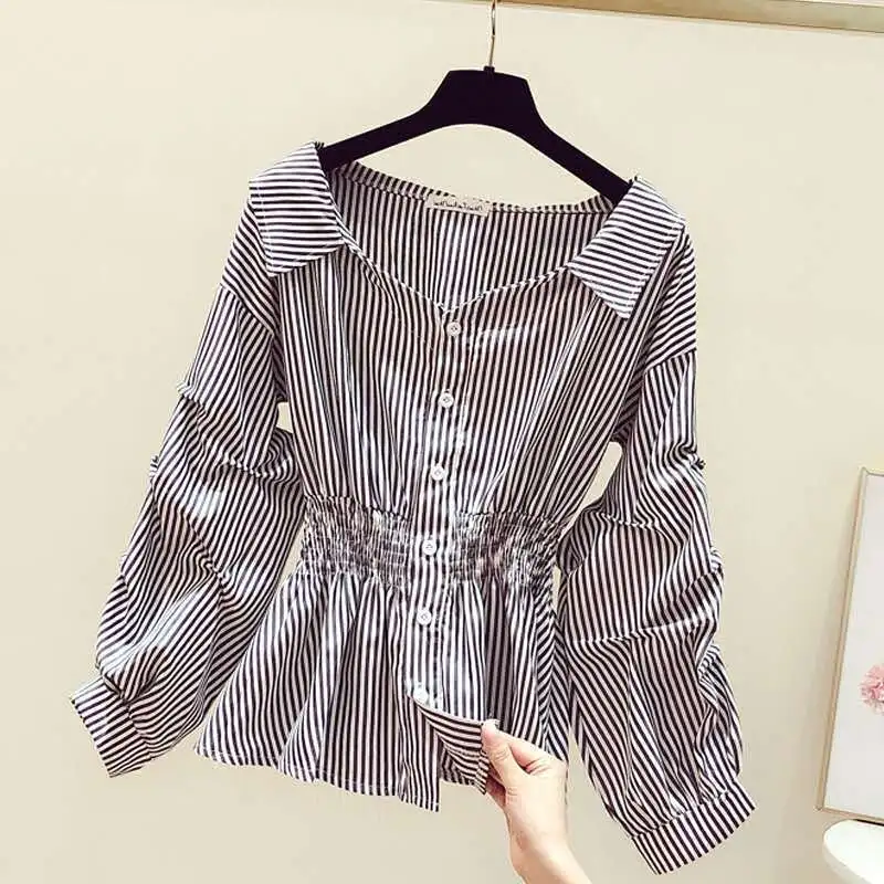 Western Style Puff Sleeve White Shirt Women's Top - Black And White Stripes