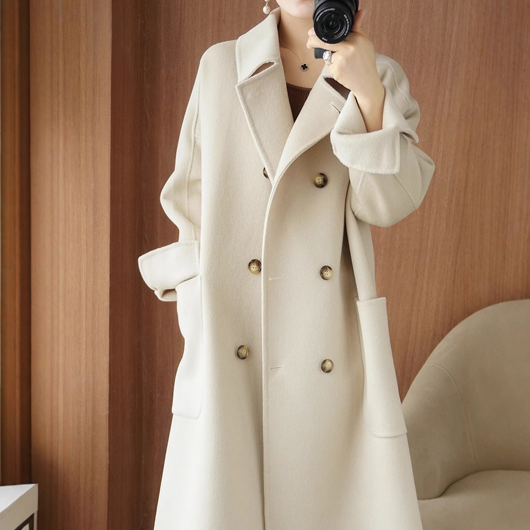 Long Below-the-Knee Double-Breasted Wool Coat In Korean Style - Image 3