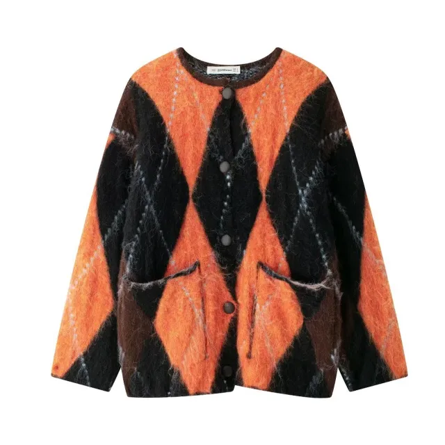 Women's Square Collar Knitted Jacquard Cardigan Orange Red - Shop at LoveMi