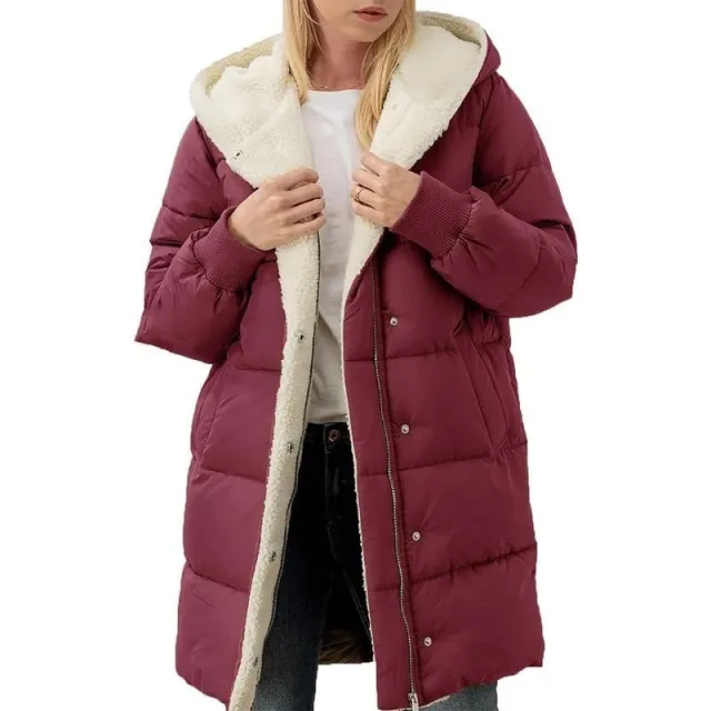 European And American Solid Color Hooded Cotton Jacket Long Sleeve Double sided Velvet Slim Elegant Cardigan Coat Wine Red - Shop at LoveMi