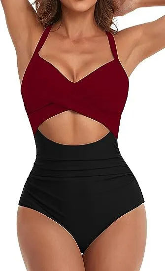 Women's Fashion Casual Cross One piece Swimsuit Wine Red And Black - Shop at LoveMi