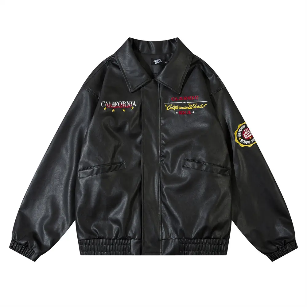Men's American Embroidery Letters Motorcycle Clothing PU