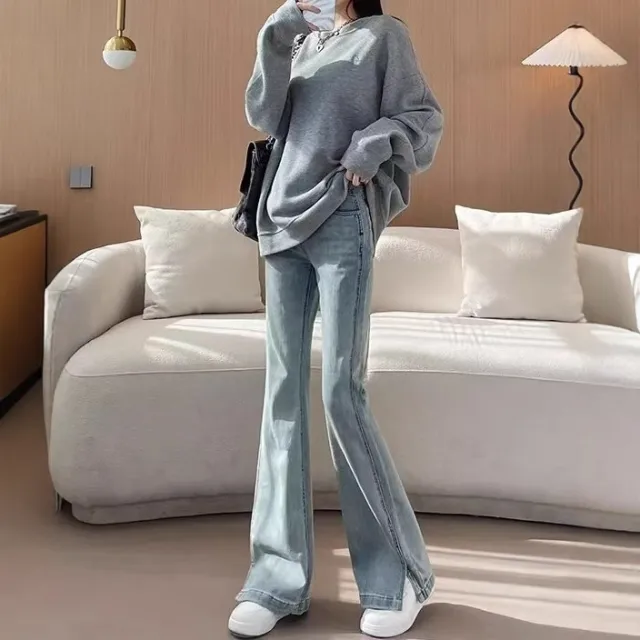 High Waist Slim Fit Slimming Light Blue Split Flared Pants Retro Blue - Shop at LoveMi