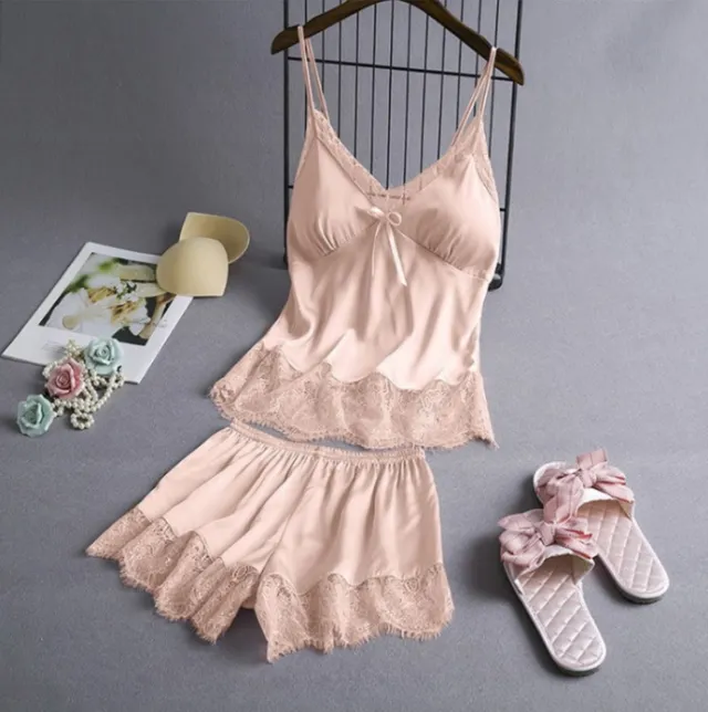 New Elastic Satin Lace Suit Nightdress With Suspenders Korean Style Suspenders Skin Color M - Shop at LoveMi