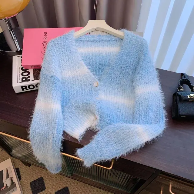 Lazy Gradient Color Sweater Cardigan Coat Sky Blue - Shop at LoveMi