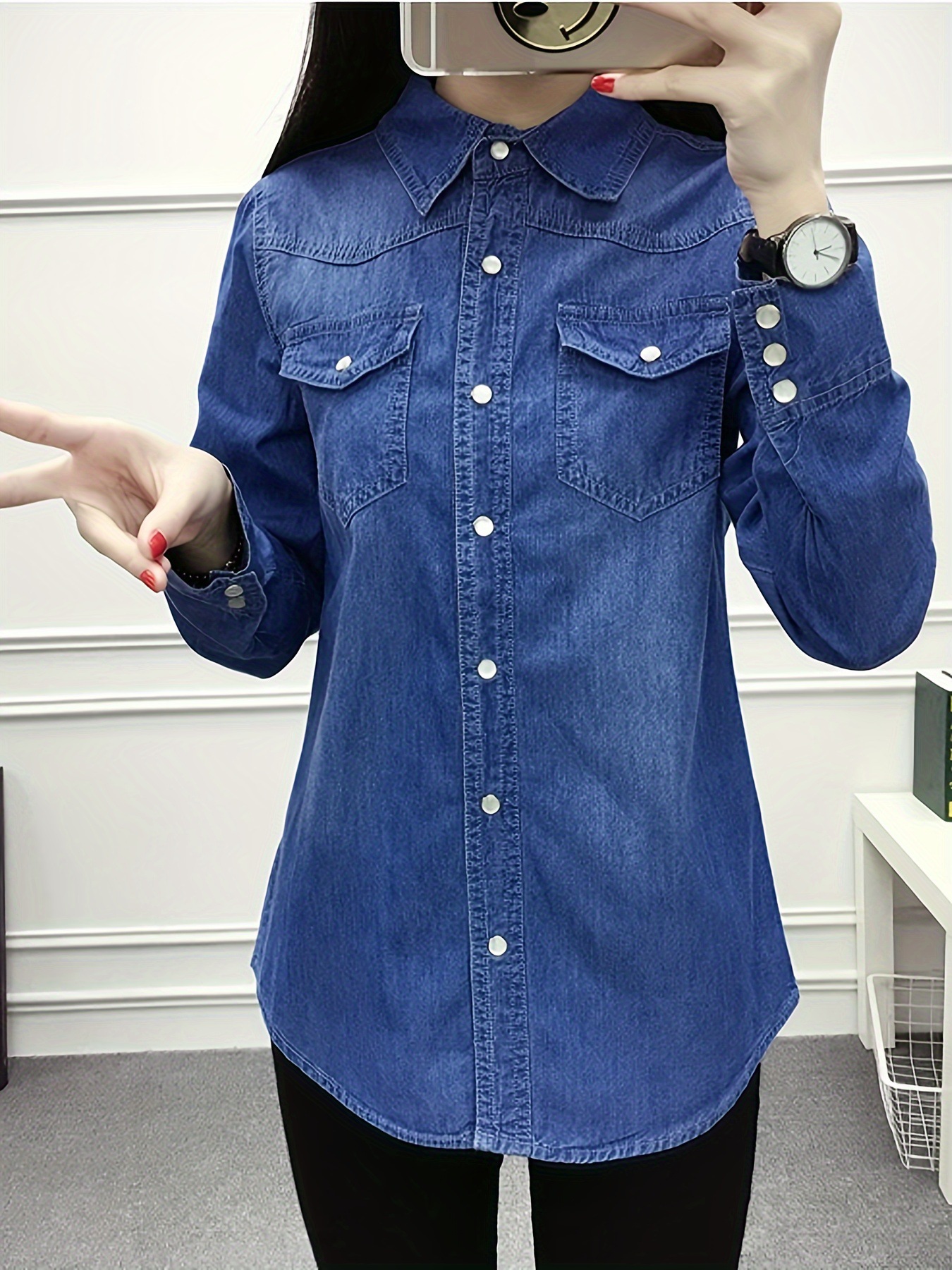 Spring New Nostalgic Slim-fit Denim Shirt Womens Long-sleeve Thin Base Layer Top