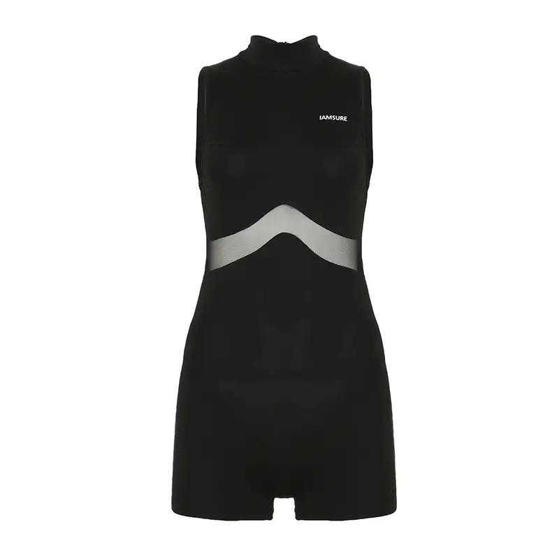 Mesh Patchwork Hollowed-Out Sleeveless Jumpsuit Shorts