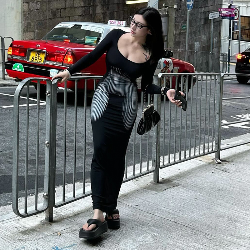 فستان شيك ضيق بياقة مربعة وأكمام طويلة وخصر عالي للسيدات