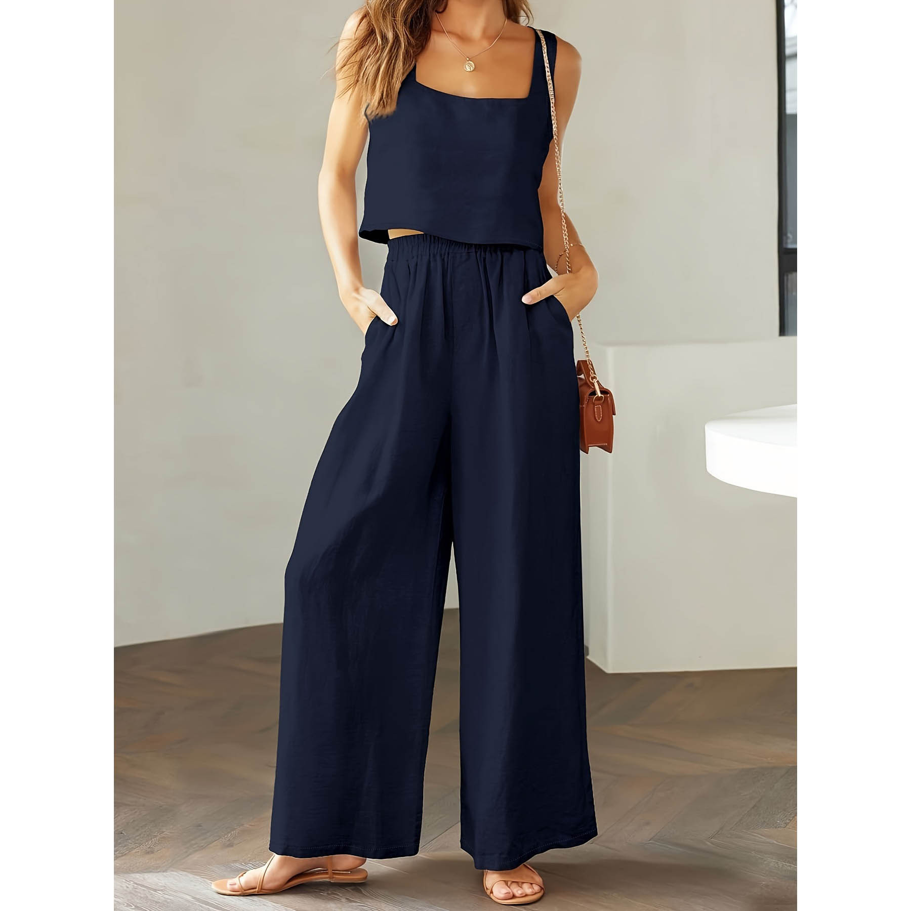 Square Collar Sleeveless Camisole Wide Leg Pants Leisure Suit - Image 3