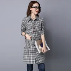 Long Sleeve Shirt Coat Cotton And Linen Plaid Loose Shirt Mid-length - Black And White Large Grid - View 1