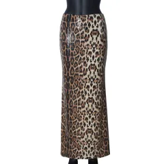 Leopard Print Sequin Stitching Stretch Skirt - Leopard - View 1