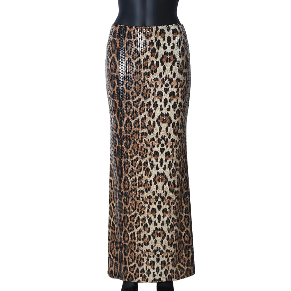 Leopard Print Sequin Stitching Stretch Skirt - Leopard