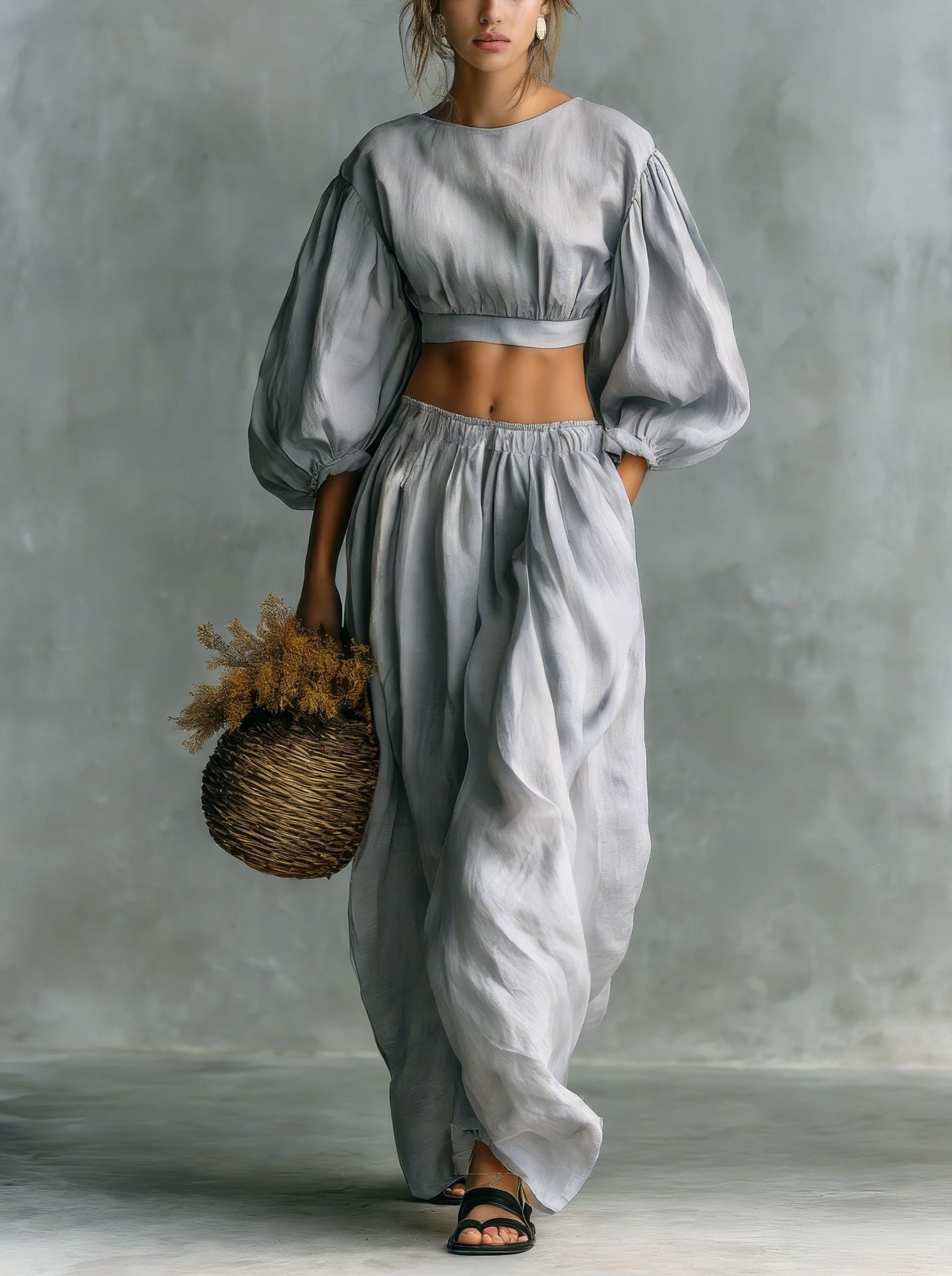 Women's crew-neck puff-sleeve set in light gray, casual outfit lifestyle photo
