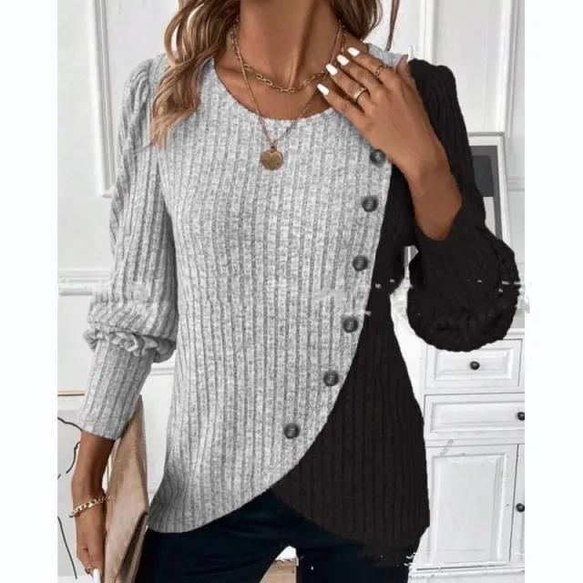 Women's Z Round Neck Multicolor Sunken Stripe Cross Hem Long Sleeve Knitted T shirt Gray - Shop at LoveMi