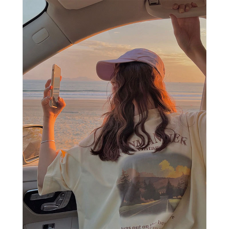 Retro Short Sleeve T-shirt Women's Casual Loose Mid-length Top