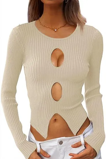 Women's Autumn Fashion Hollowed-out Rib Knitted Pullover Sweater Short Top - Apricot