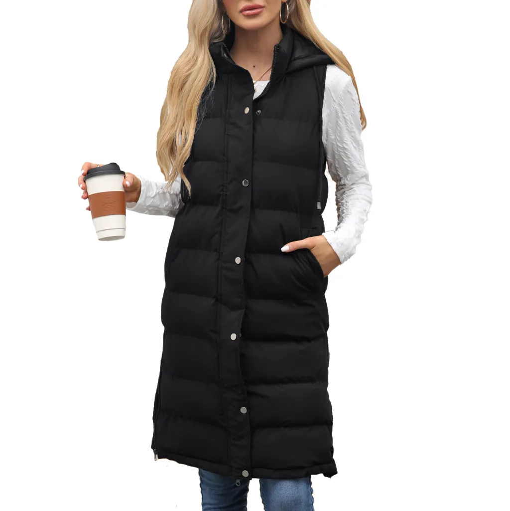Ladies Hooded Sleeveless Zipper Cotton Padded Thickened - Black