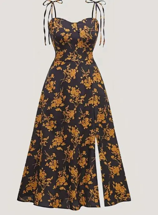 Waist tight Sexy Floral Slimming Sling Dress Black And Yellow - Shop at LoveMi