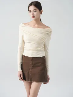 One-shoulder Knitwear Women Autumn Winter Off-shoulder Long Sleeve Elegant High-end Top - Apricot - View 1