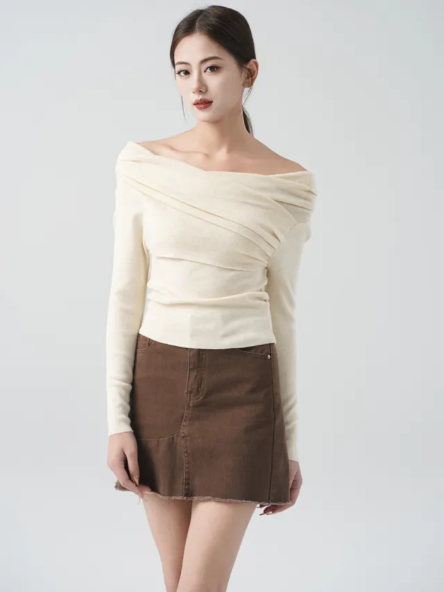One shoulder Knitwear Women Autumn Winter Off shoulder Long Sleeve Elegant High end Top Apricot - Shop at LoveMi