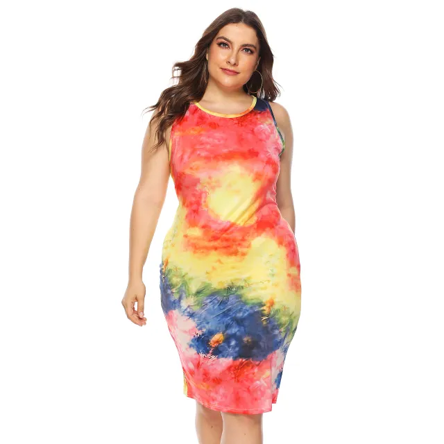 Plus Size Women's Colorful Tie dyed Color Non positioning Vest Slim fit Sheath Dress Colorful - Shop at LoveMi