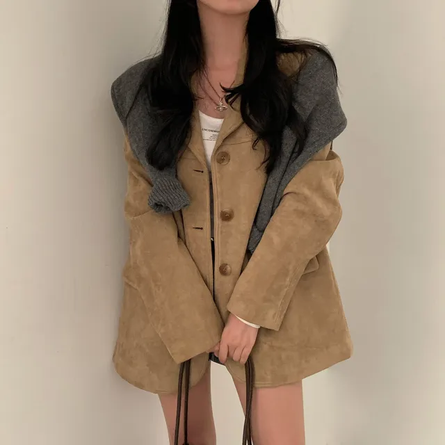 Single breasted Loose Versatile Pocket Long Sleeve Suit Coat Khaki - Shop at LoveMi