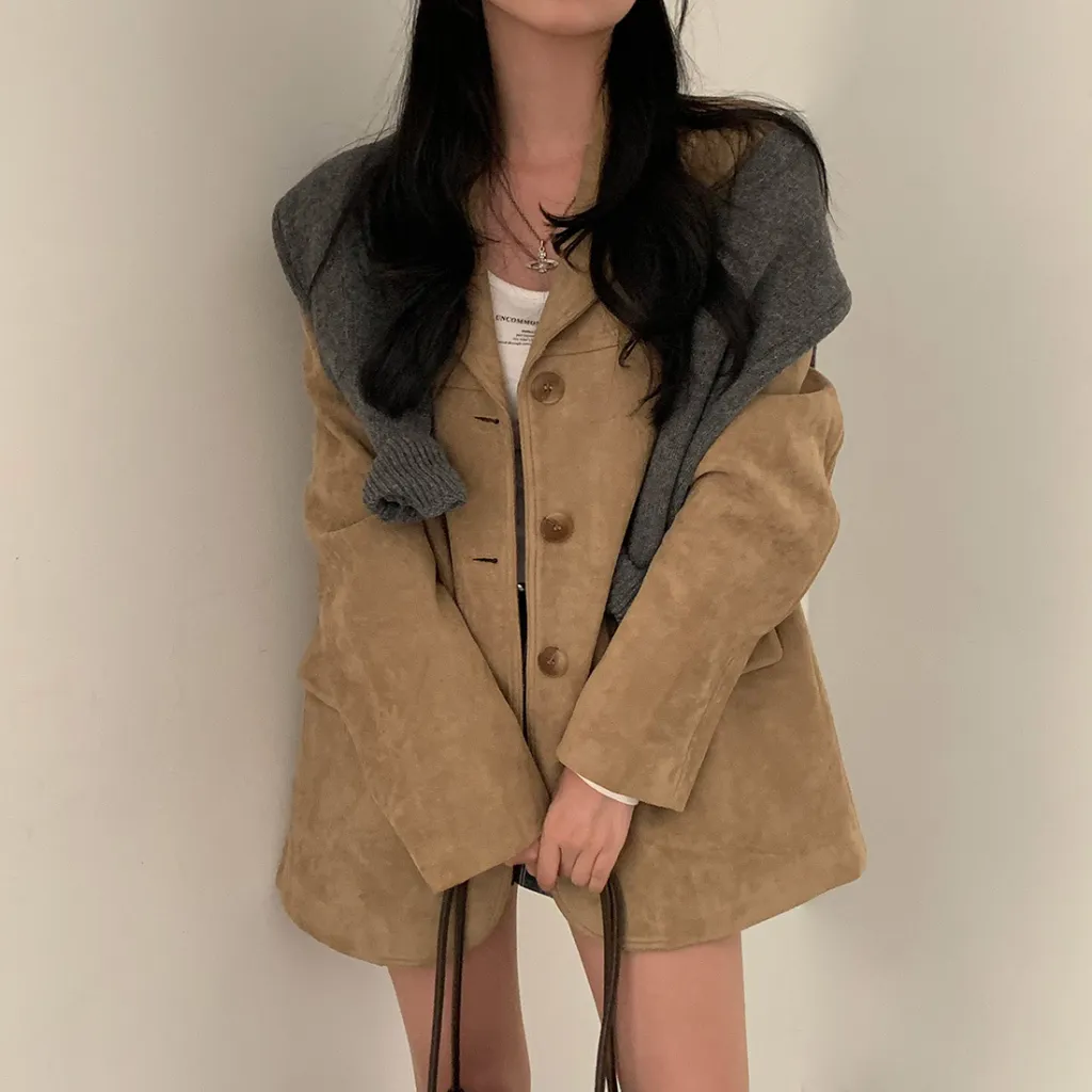 Single-breasted Loose Versatile Pocket Long Sleeve Suit Coat - Khaki