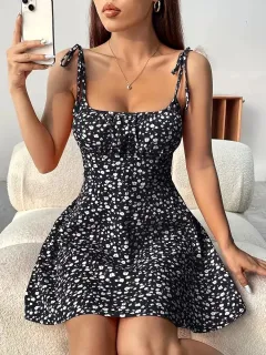 Sweet Waist Trimming A- Line Western Style Slimming Casual Dress - Black - View 1