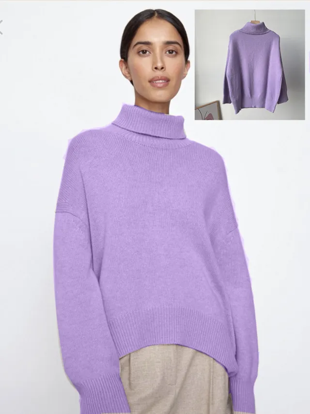 Women's Multi color Turtleneck Solid Color Sweater Loose Pullover Stand Collar Purple - Shop at LoveMi