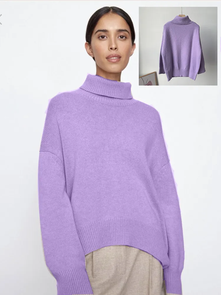Women's Multi-color Turtleneck Solid Color Sweater Loose Pullover Stand Collar - Purple