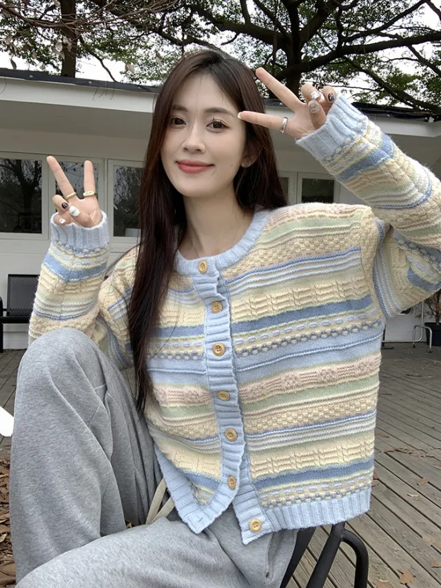 Women's Loose Striped All matching Knitted Sweater Cardigan Coat Blue - Shop at LoveMi