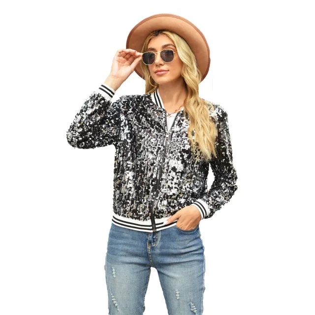 Fashionable Sequins Long Sleeve Coat For Women Black - Shop at LoveMi