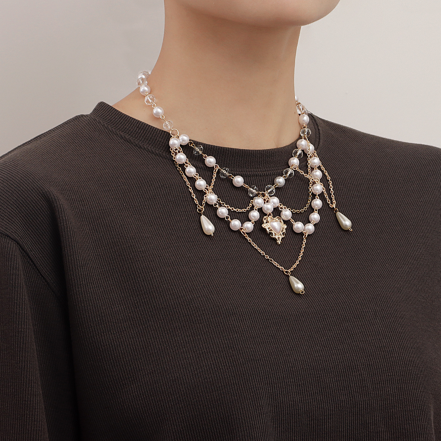 Double-layer Bright Tassel Love Butterfly Cross Necklace For Women All-match