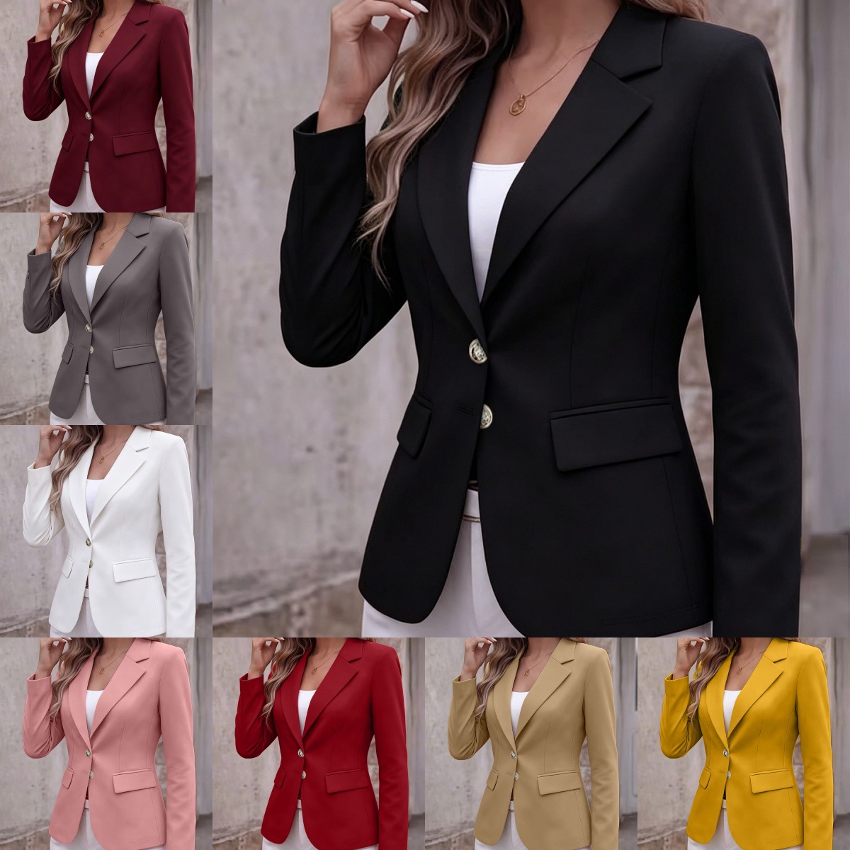 Notch-lapel Two-button Flap-pocket Long-sleeve Petite Blazer Cardigan Coat