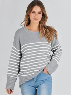 Women's Round-neck Long Sleeve Oversized Plush Knitted Thick Thermal Head Cover Striped Sweater - Grey - View 1