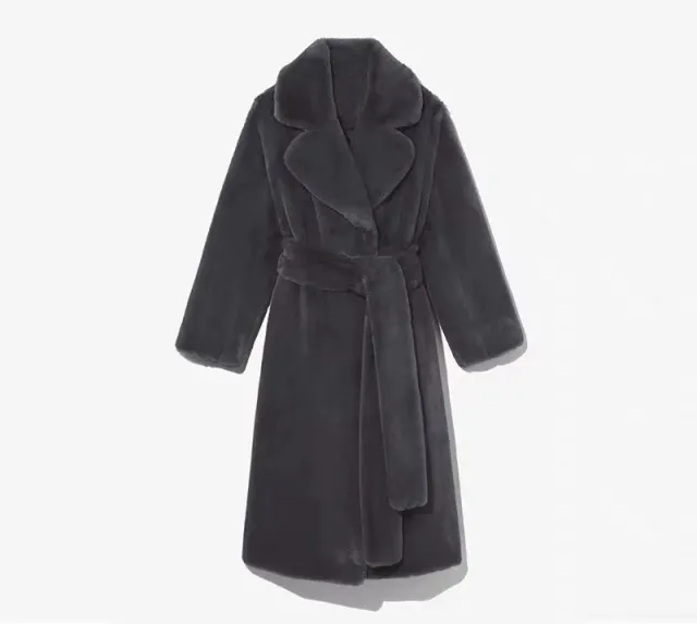 Artificial Fur Coat Suit Collar Cotton Coat Thickened Long Section Plush Trench Coat Dark Gray - Shop at LoveMi