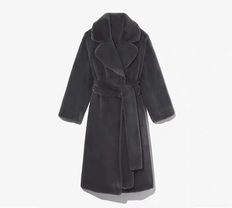 Artificial Fur Coat Suit Collar Cotton Coat Thickened Long Section Plush Trench Coat - Dark Gray