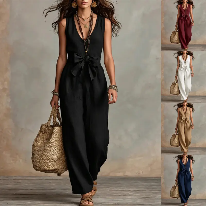 Womens V-neck Sleeveless Wide-leg Jumpsuit