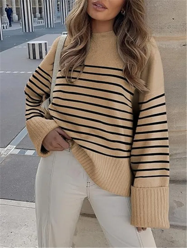 Women's Round neck Long Sleeve Oversized Plush Knitted Thick Thermal Head Cover Striped Sweater Camel - Shop at LoveMi