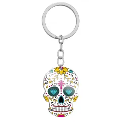 Day Of The Dead Skull Colour Printing Stainless Steel Key Ring - Style 7 - View 1