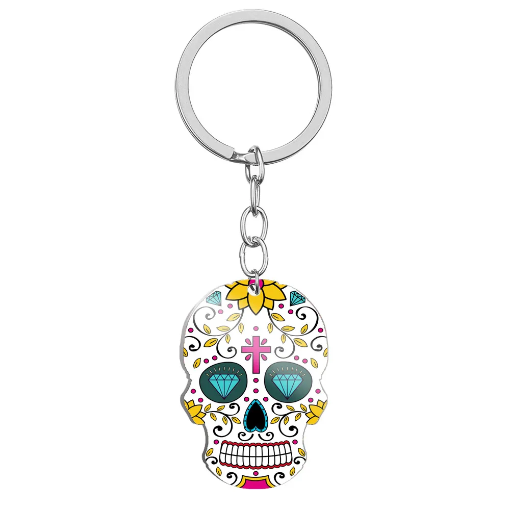 Day Of The Dead Skull Color Printing Stainless Steel Key Ring - Style 7